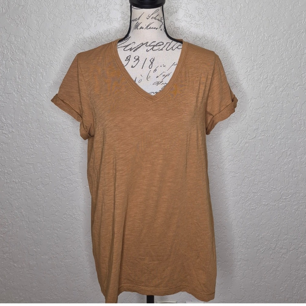 Max Studio Favorite Tee V-Neck Slub Knit Rolled Sleeve Brown T-Shirt XL